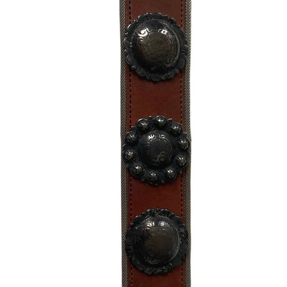 Vintage 1990s Boho Leather Medallion Belt Made in USA Brown Silver EUC - Picture 7 of 14